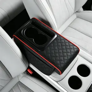 4 in 1 Universal Car Armrest Cover, 13.8×6.7×2.75 Inch PU Leather Center Console Pad with Cup Holder & 2 Storage Pockets, Multifunctional Auto Armrest Cushion Protector Mat - Black&Red