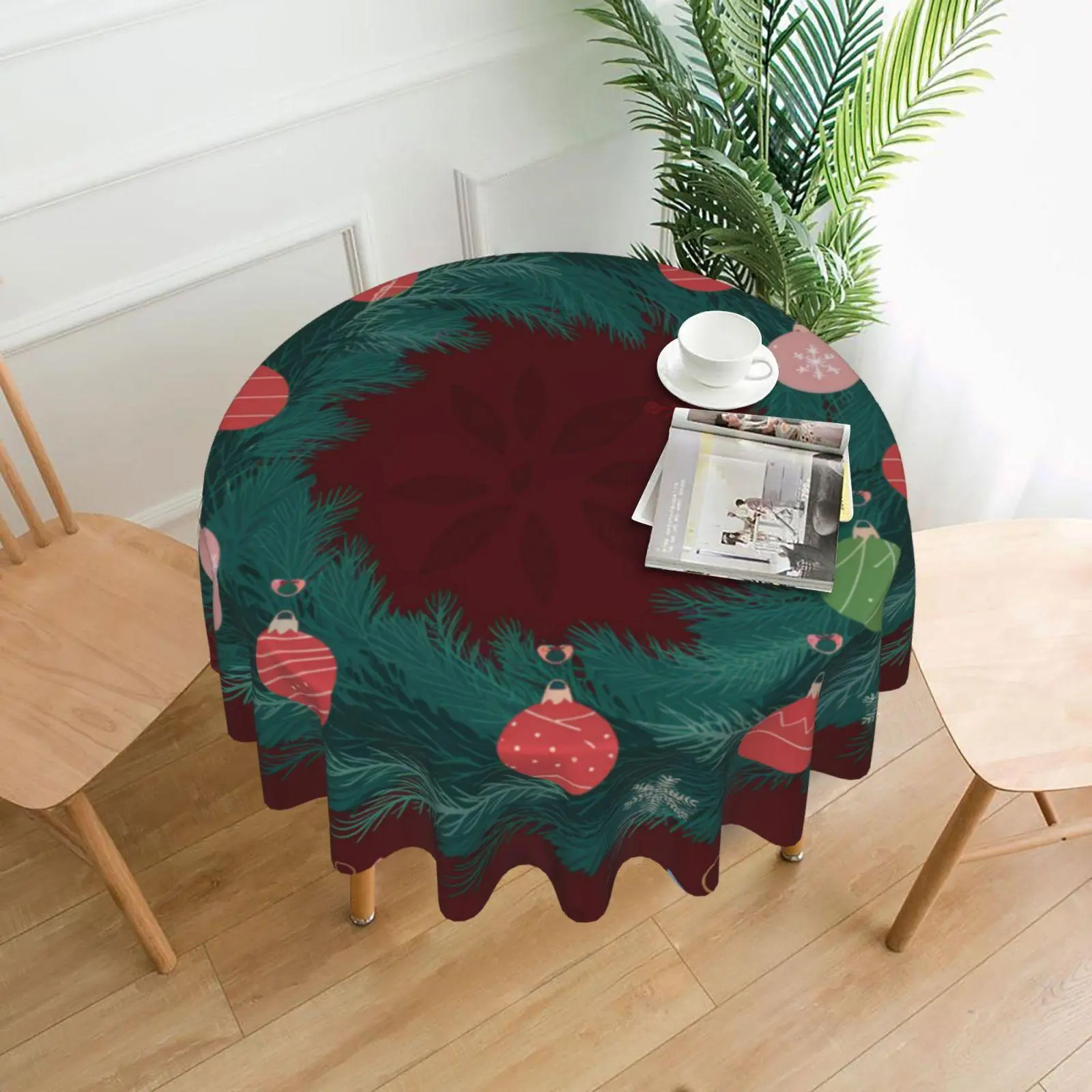 Christmas Themed Tablecloth, 1 Count Round Wreath & Ball Pattern Holiday Tablecloth, Home Decoration for Bedroom Living Room Kitchen