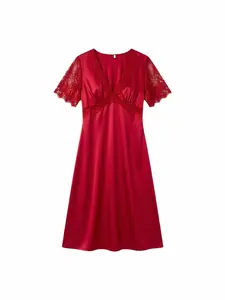 Women's Red Satin Solid Color Lace-Trimmed Bow Tie V-Neck Elegant Loungewear Nightgown