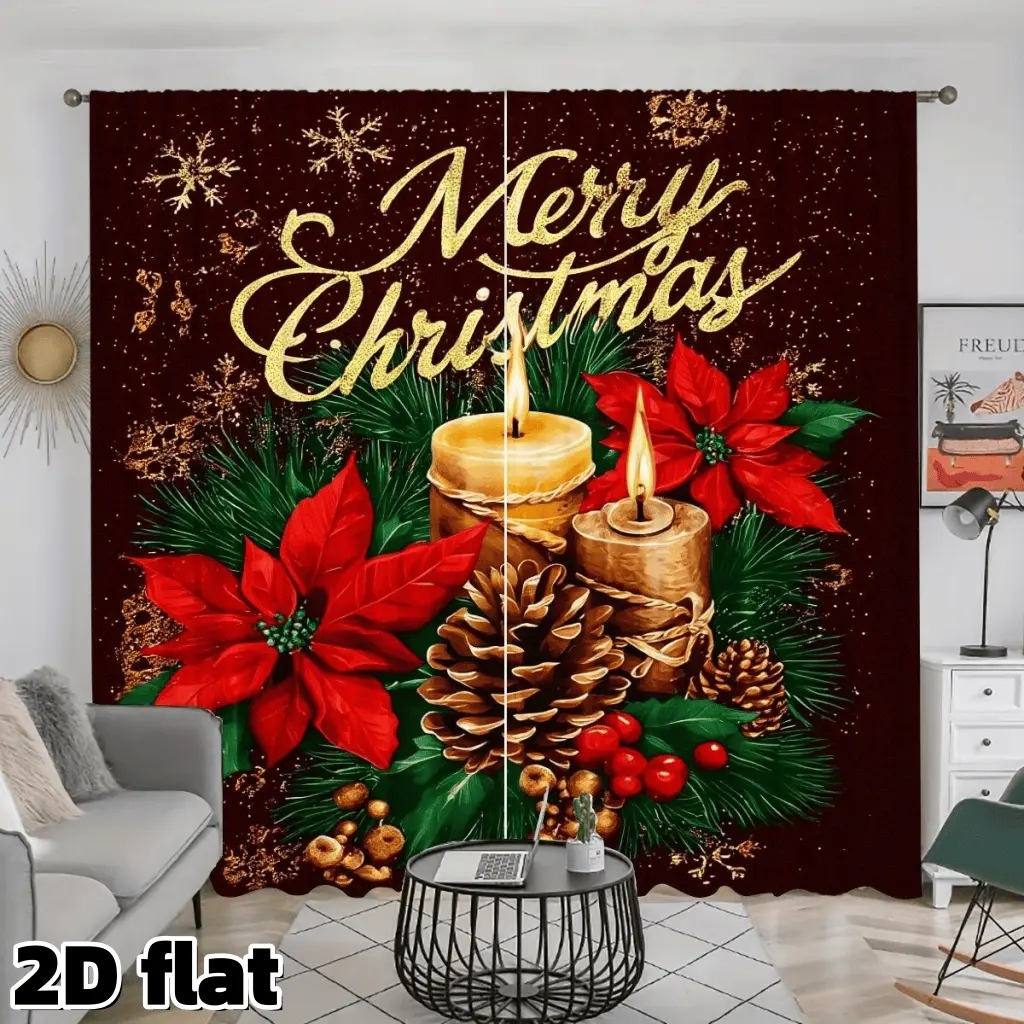 2D Flat 2Pcs Christmas Poinsettia Candle Print Curtains, Gold Glitter Merry Text, Pine Cone Berry Pattern, Rod Pocket Design, Semi Sheer Polyester, Home Decoration Curtain, Perfect for Living Room Bedroom Kitchen Window Treatment, Holiday Decor Gift