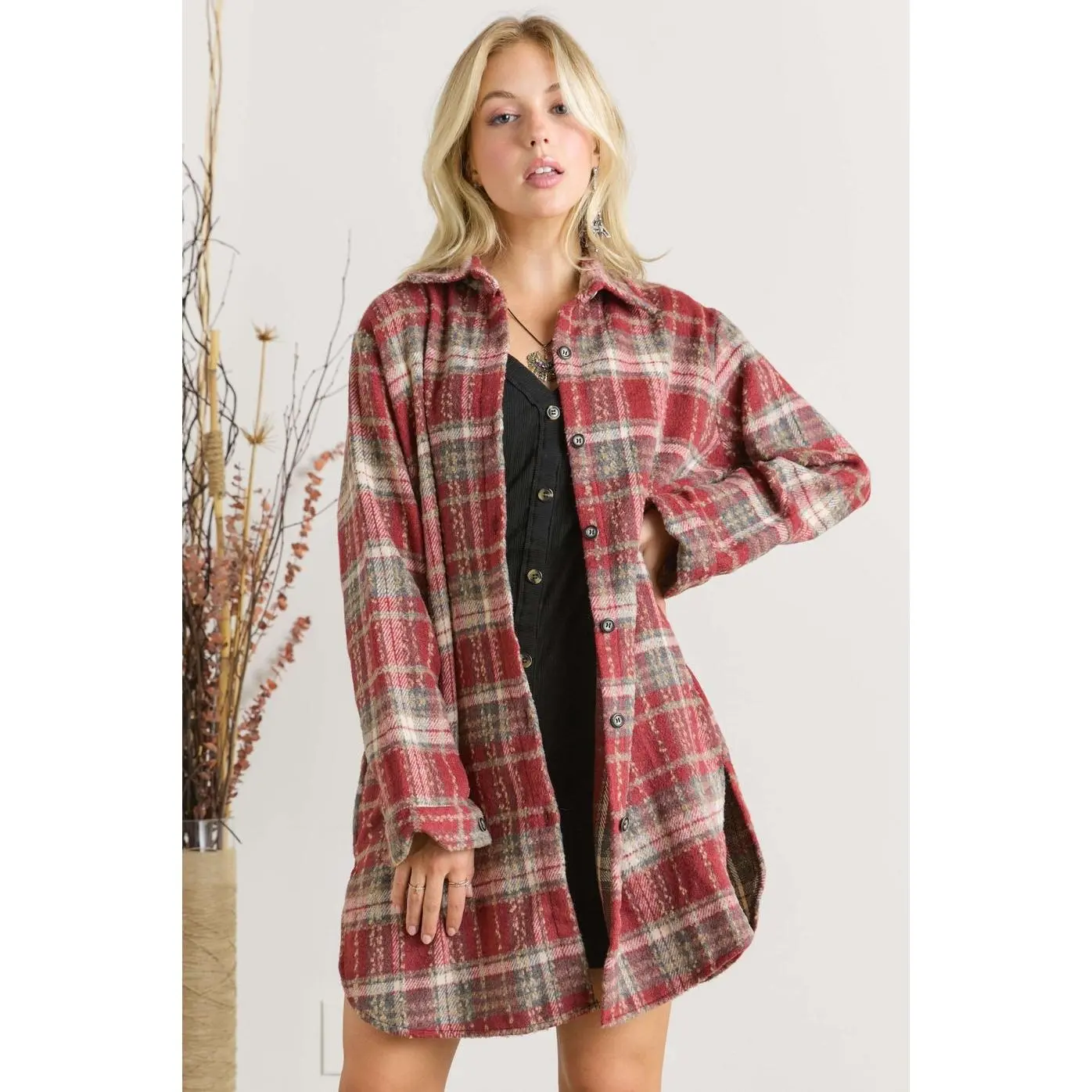 Red Long Plaid Shacket