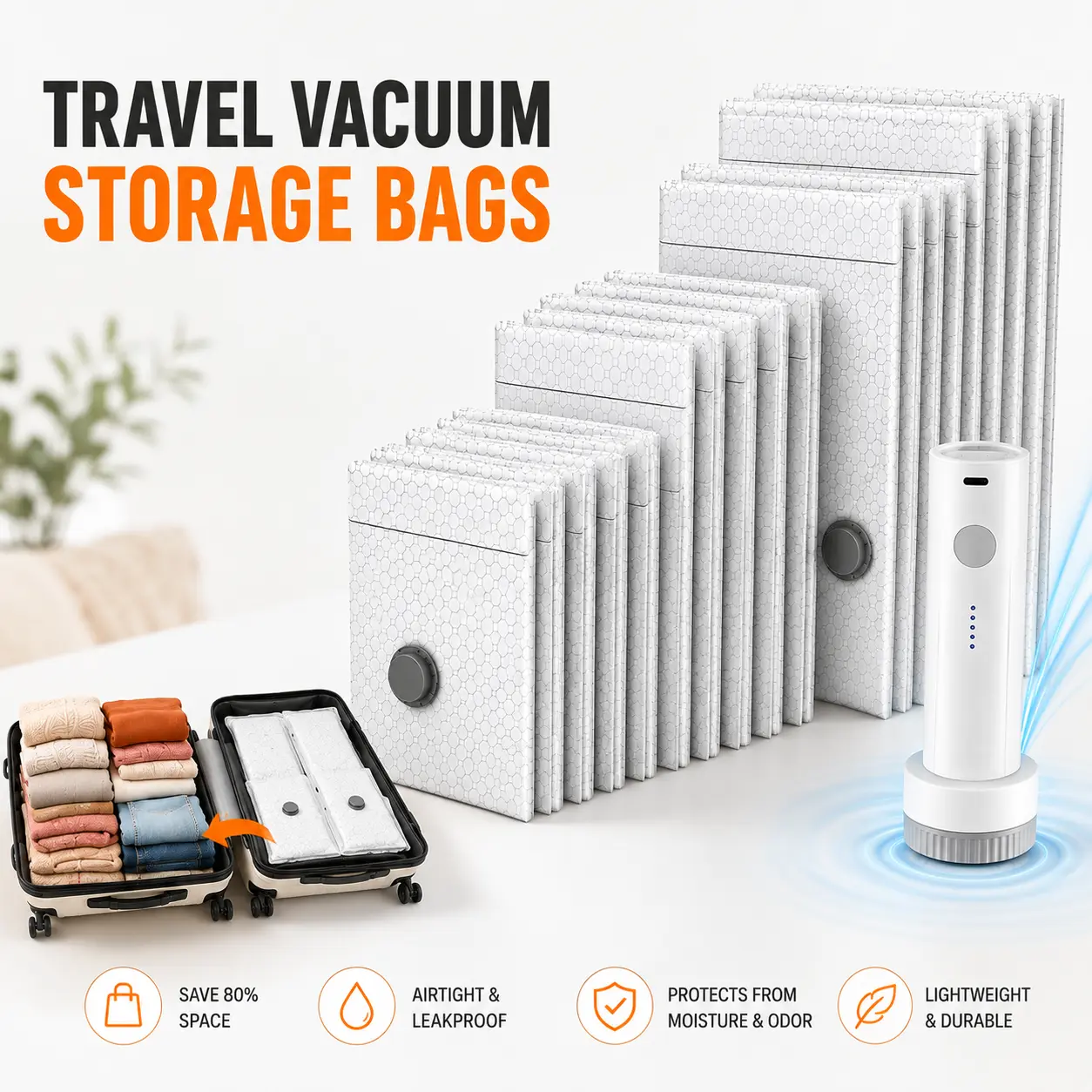 【Summer Vibes】Space Saver Storage Bags with Rechargeable Cordless Pump, 2026 Upgraded 9/12/15/18-Pack Multipurpose Clothing Compression Pouches, Reusable Luggage & Bedroom Organization Bags