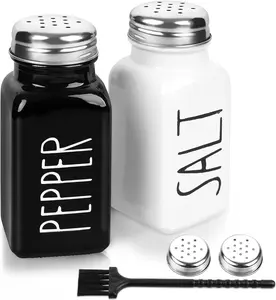 2 Pack Salt and Pepper Shakers Set, Glass Shaker with Stainless Steel Lid, Modern and Cute Farmhouse (Black and White) Kitchen Seasoning Utensils
