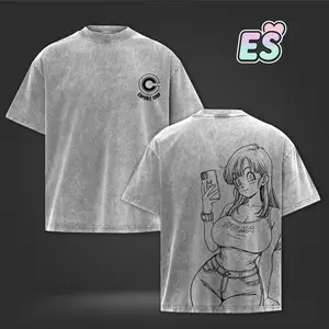 Bulma DragonB Anime Double Printed Vintage Washed Tee Unisex Oversize Heavyweight Cotton Manga Graphic Crewneck Soft Tops Natural Shade T-shirt Anime Gift