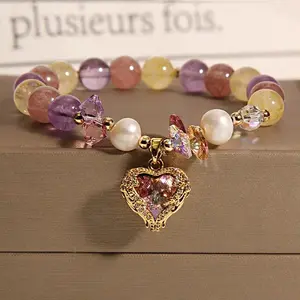 Rose Red Tiger Eye Crystal Bracelet, Heart Pendant Design, Natural Gemstone Jewelry for Good Luck & Fortune