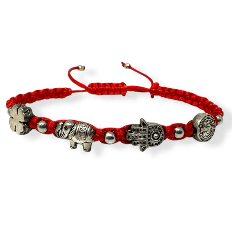 Red Good Luck Bracelet for Women & Men Hamsa Elephant Clover Festival Jewelry Adjustable 6-10 Inches Handmade Braided Cord Dark Antique Silver Tone Charms