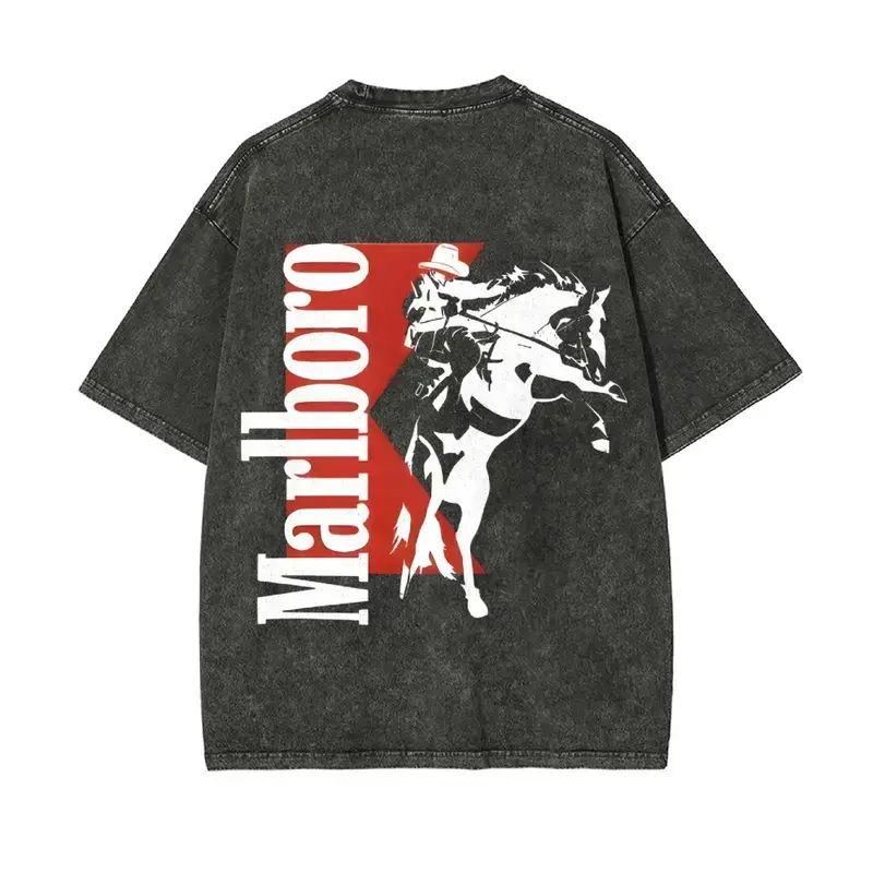Menswear Washed Vintage Marlboro Denim Hooded Streetwear Top - Bohemian Western Style, Unisex Short-Sleeve Relaxed-Fit Printed Pullover, Comfortable Everyday Cotton, Ideal Gift for Men