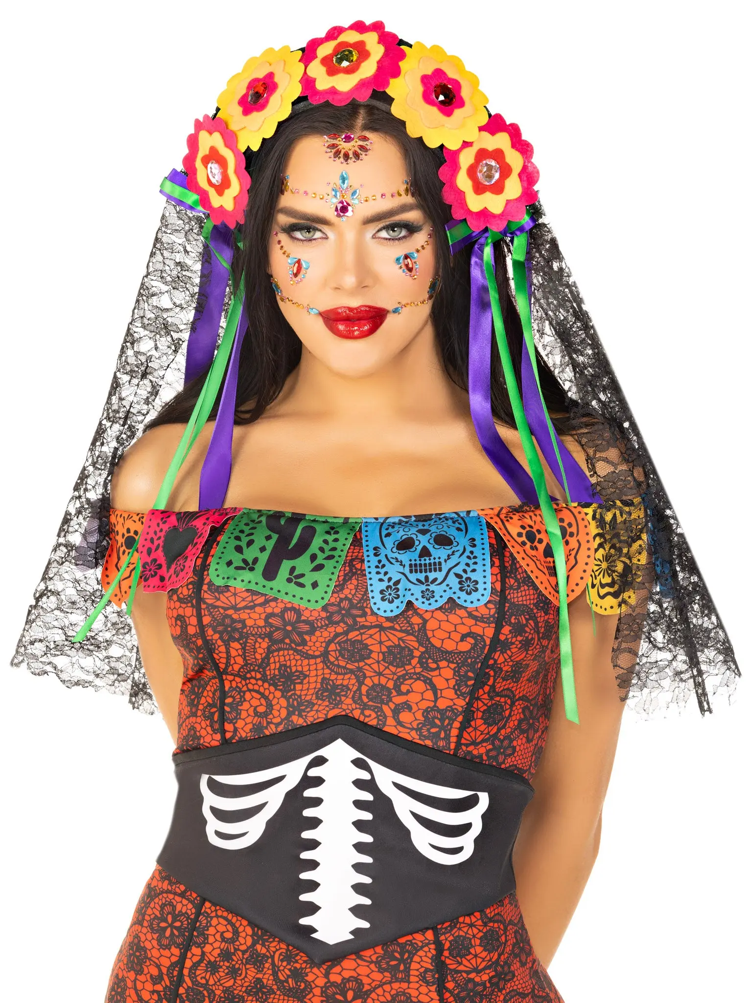 Day of the Dead Felt Flower Crown with Long Lace Veil for Teens & Adults, Floral Halloween Costume Accessory
