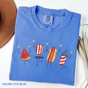 Comfort Colors Patriotic Doodle Shirt, Cute 4th of July Tee, Watermelon Hotdog Firework Shirt, Retro American Graphic Tee, Funny Summer USA Shirt