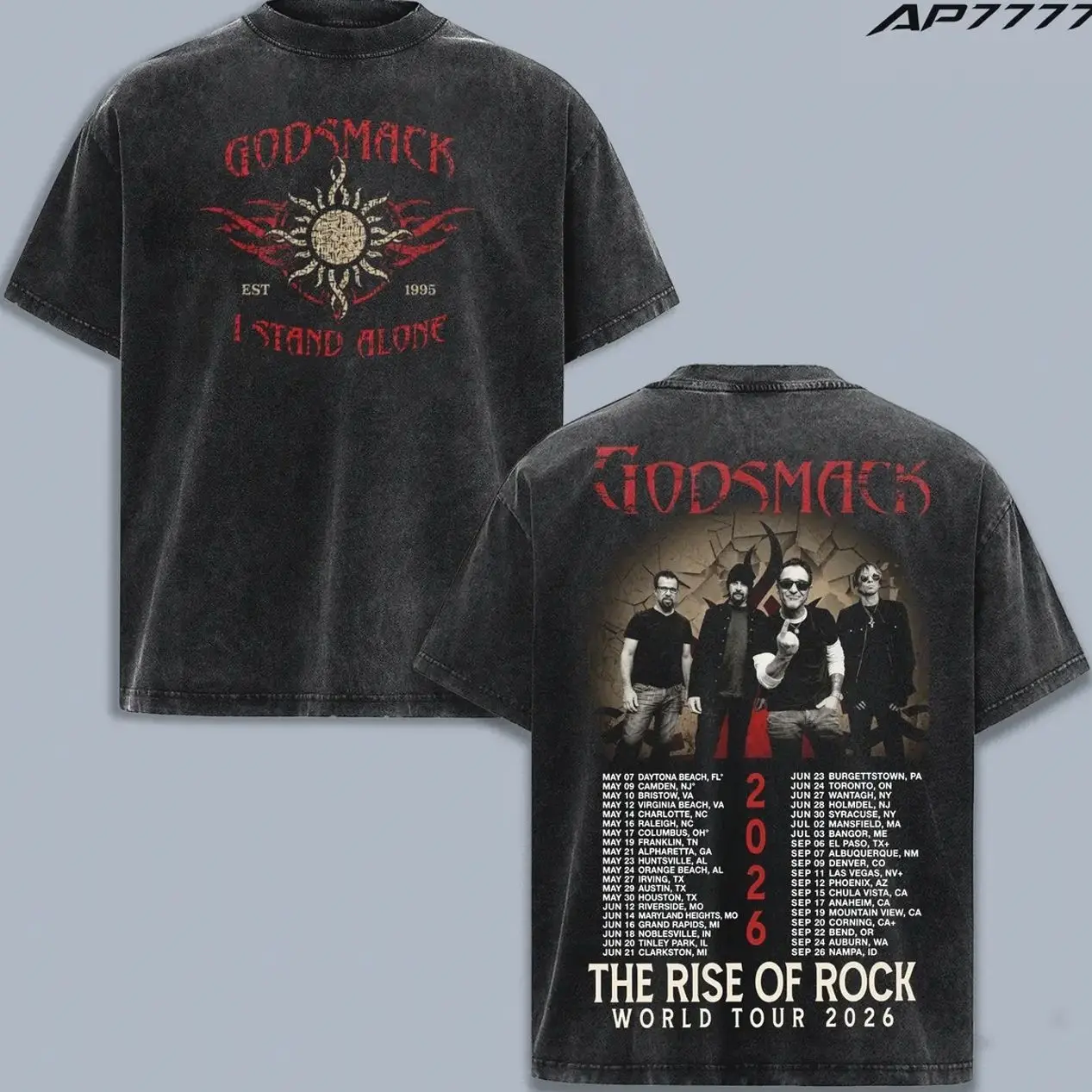 Godsmack The Rise Of Rock World Tour 2026 Vintage Washed T-Shirt, Heavy Metal Band Graphic Tee, Double Sided Concert Merch Shirt, Rock Music Fan Apparel, Retro Grunge Style Oversized Cotton Unisex Tee, Tour Dates Back Print Shirt XTV