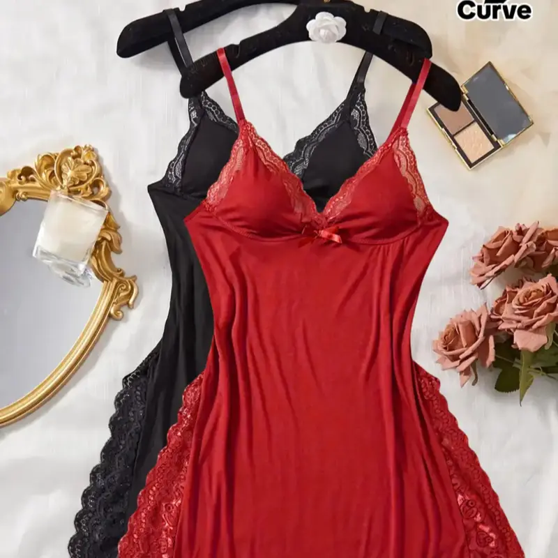Plus Size Contrast Lace Split Thigh Cami Nightdress, Casual Soft Comfortable Fit Modal Spaghetti Strap Nightgown for Women, Women's Sleepwear & Loungewear for All Seasons
