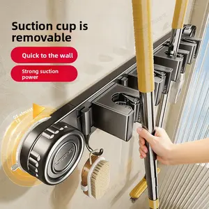 Aluminum Bathroom Suction Cup Mop Holder with Hook for Home Bathroom Toilet Door Back Broom Cloth Organizer Storage Rack Installation