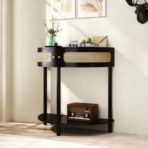 Unique Half Moon Design End Table with Sliding Rattan Door,Elegant Semi-circle Entryway Console Table with 2 Rattan Storage Cabinet and Bottom Shelf for Living room, Bedroom, Study, Hallway(Black)    RR