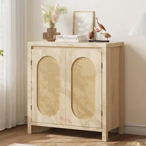 【GARVEE】Rattan Storage Cabinet, Wooden Sideboard Buffet Cabinet with Doors and Shelves, Small Console Cabinet with Storage, Boho Accent Cabinet for Entryway, Living Room, Dining Room, Natural