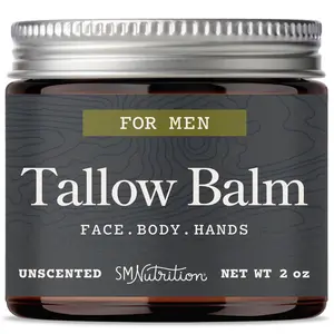 SMNutrition Men's Beef Tallow Balm for Skin Health & Barrier Support Unscented 2 oz Moisturizing Face Body & Hands Balm with Organic Beeswax