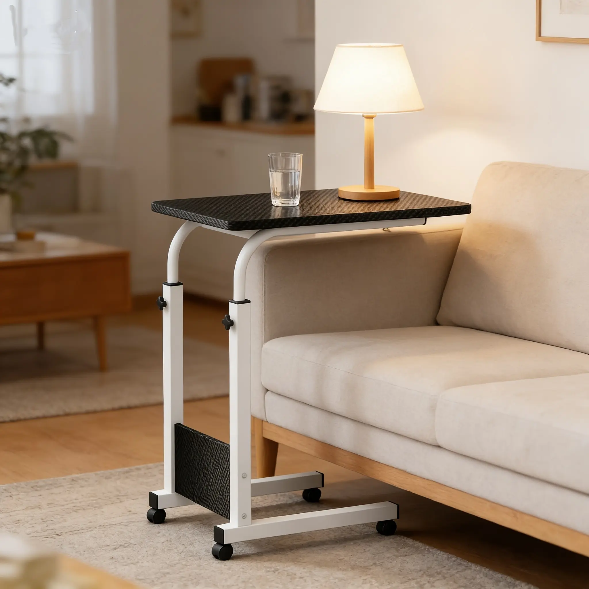 Height Adjustable Mobile C-Shaped Side Table with Wheels, Overbed & Sofa Side Desk for Laptop, Eating, Working