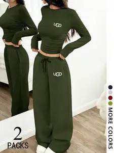 Women's Two-Piece Set, European Style Casual Round Neck Long Sleeve Top, Straight Leg Pants, Comfortable Fabric, Perfect for Daily Wear, Travel, Shopping, Sleep, Fashion