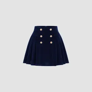 Cider [2 colors, size 0-26] Velvet High Rise Double Breasted Pleated Mini Skirt