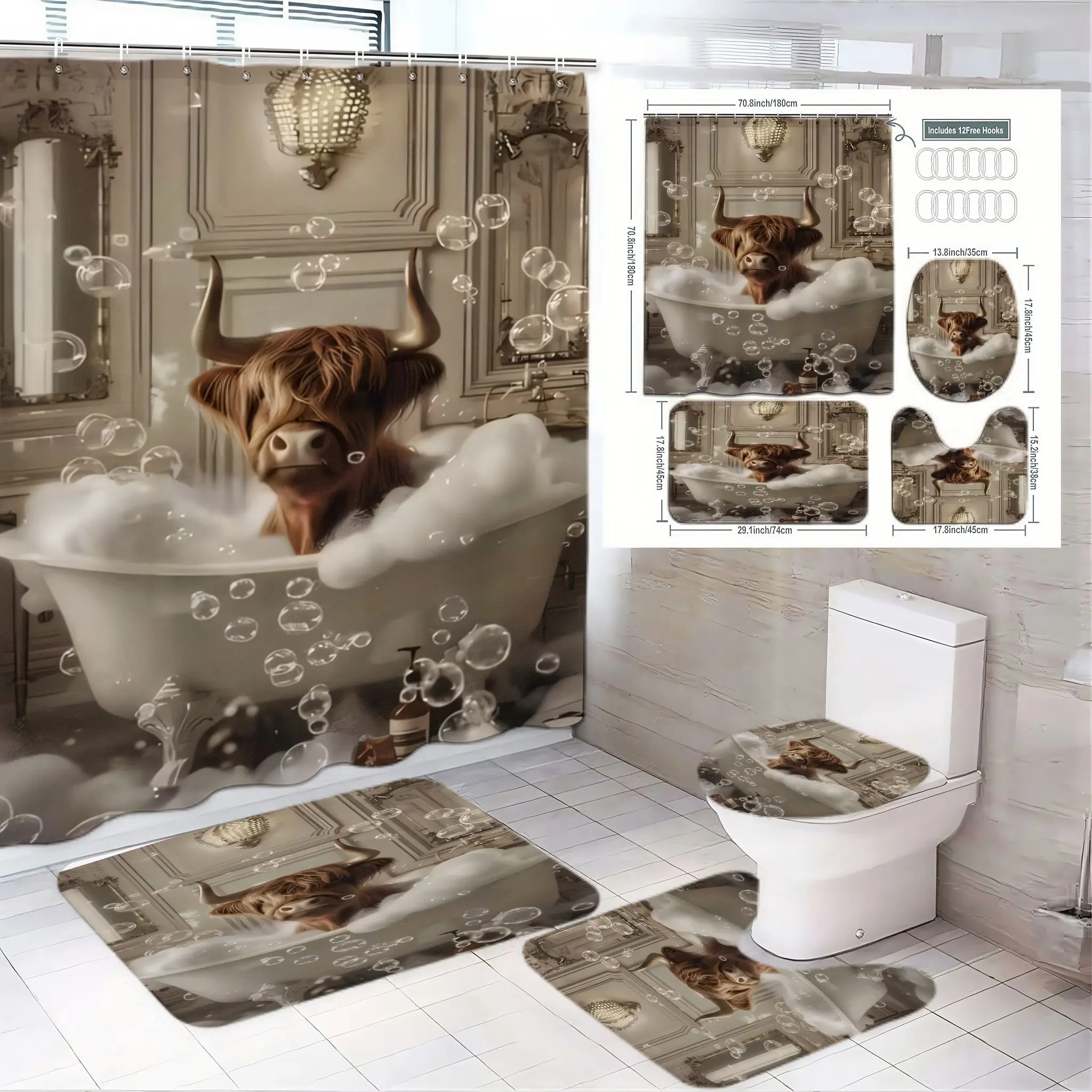4pcs Whimsical Highland Cow Bathroom Set, Elegant Shower Curtain Sets with Bathtub Scene, Adorable Bath Mat & Toilet Seat Cover, Vintage Style Decor Bathroom Decoration Accessories, The floor mat fabric is thicker and softer!
