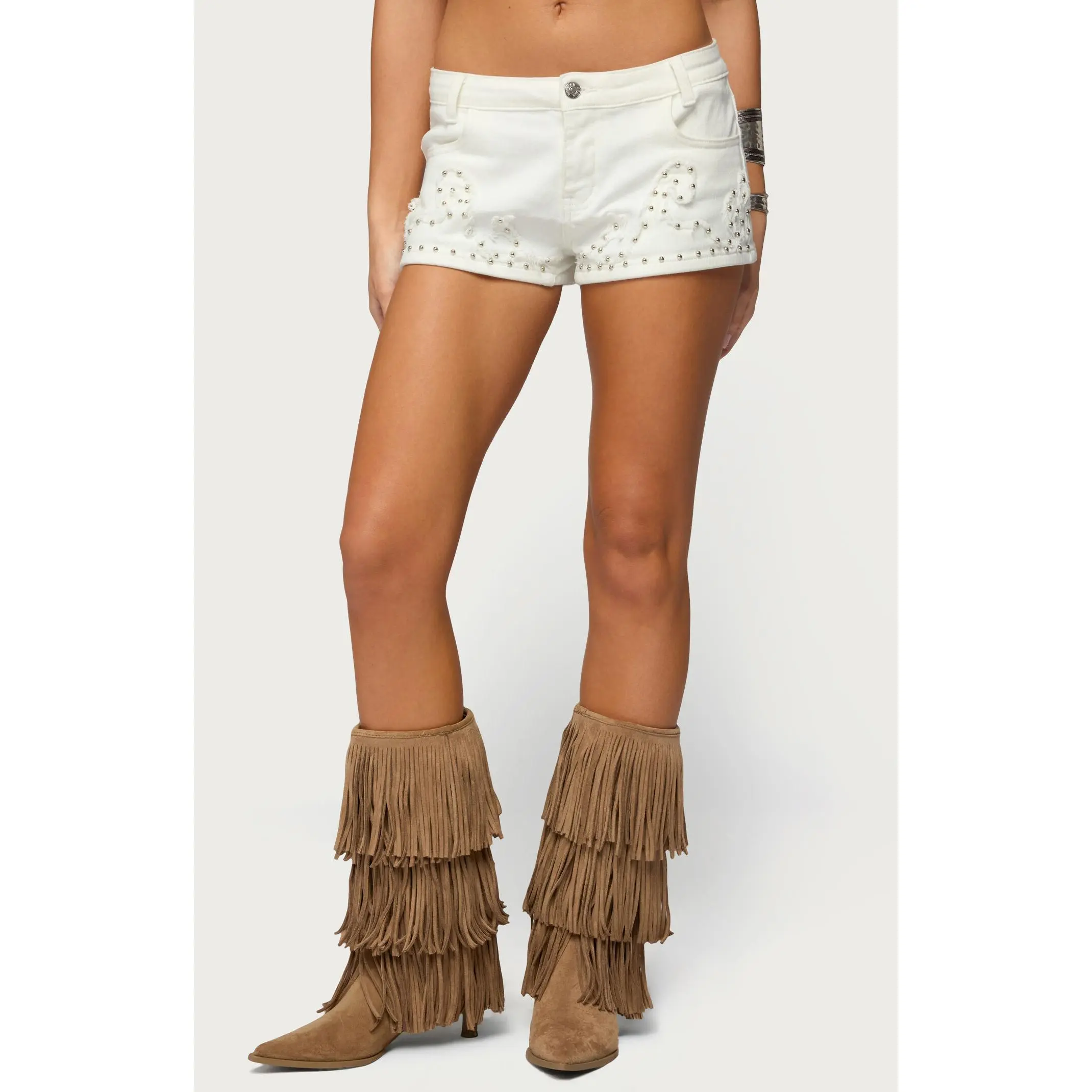 Edikted Women's Studded Patchwork Low Rise Denim Shorts