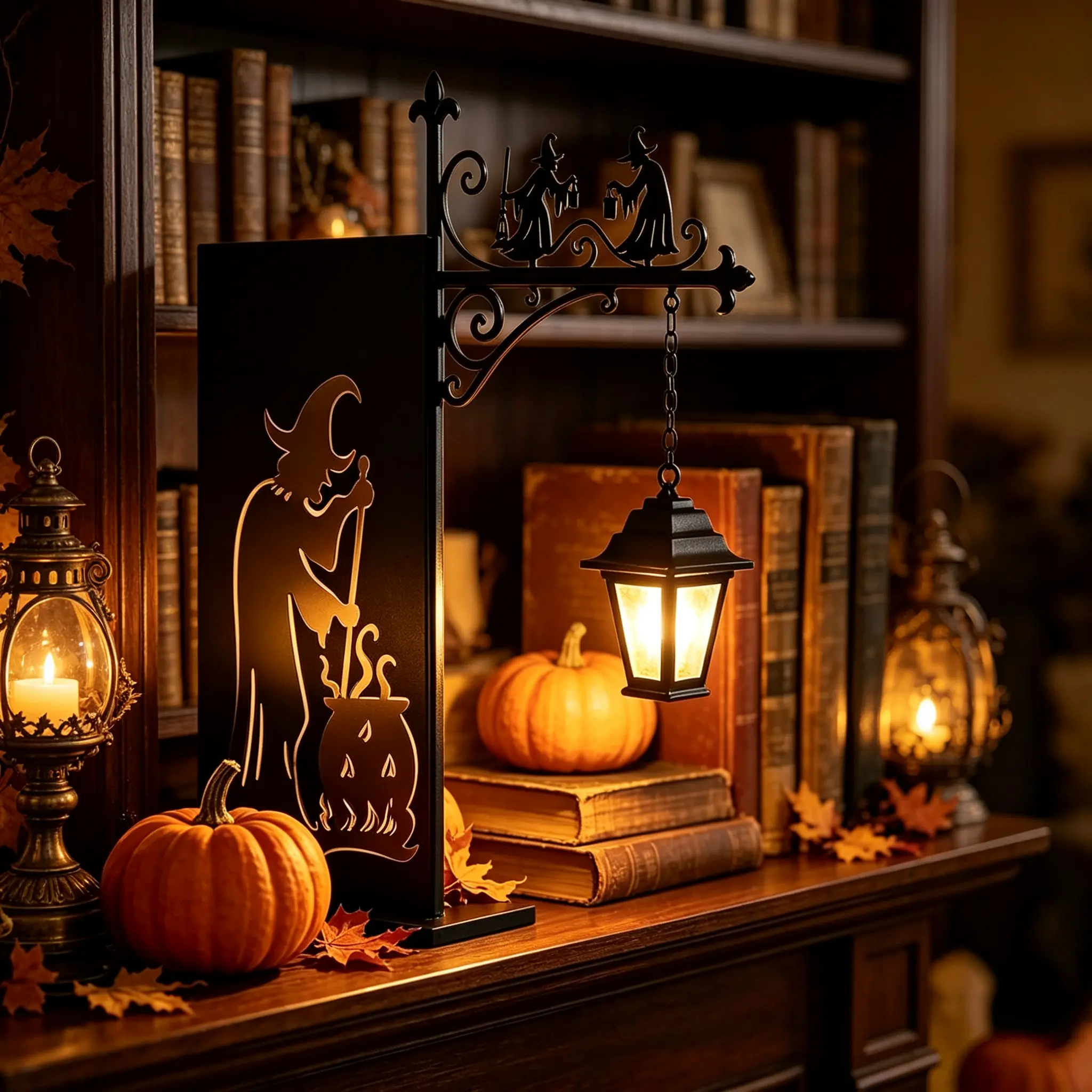 2026 New Halloween Edition Mini Vintage Witch Hanging Library Lantern - 1-Piece Black Metal LED Warm Light Home Supplies, Decoration for Bedroom Shelves, At Home Halloween Decor 2026, Spooky Fall Ornament