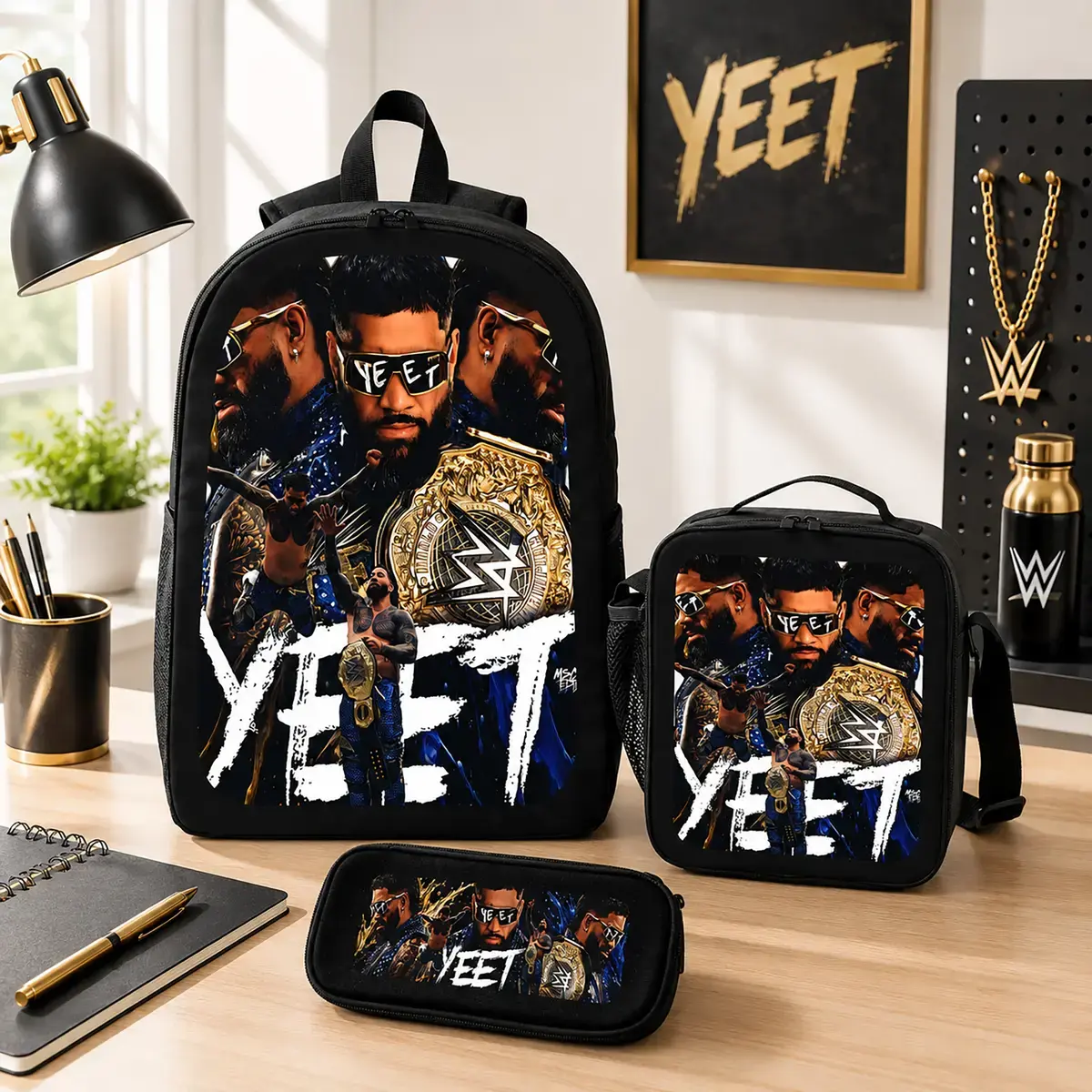YEET Backpack Set Polyester Bookbag Backpack Lunch Bag Pencil Case Back To School Everyday Travel Daily Carry Kids Teens Boys Girls Students Wrestling Merchandise Fan Gift Lightweight Durable TikTok Viral Trending