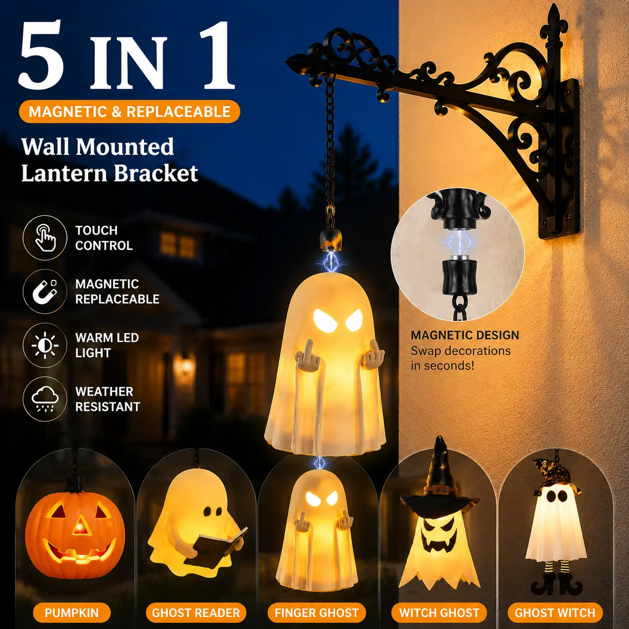 Halloween Outdoor Wall Lantern - Magnetic Hanging Design, Touch Sensor Light, Replaceable Ghost Pumpkin Decorations for Home Festive Door Hanging