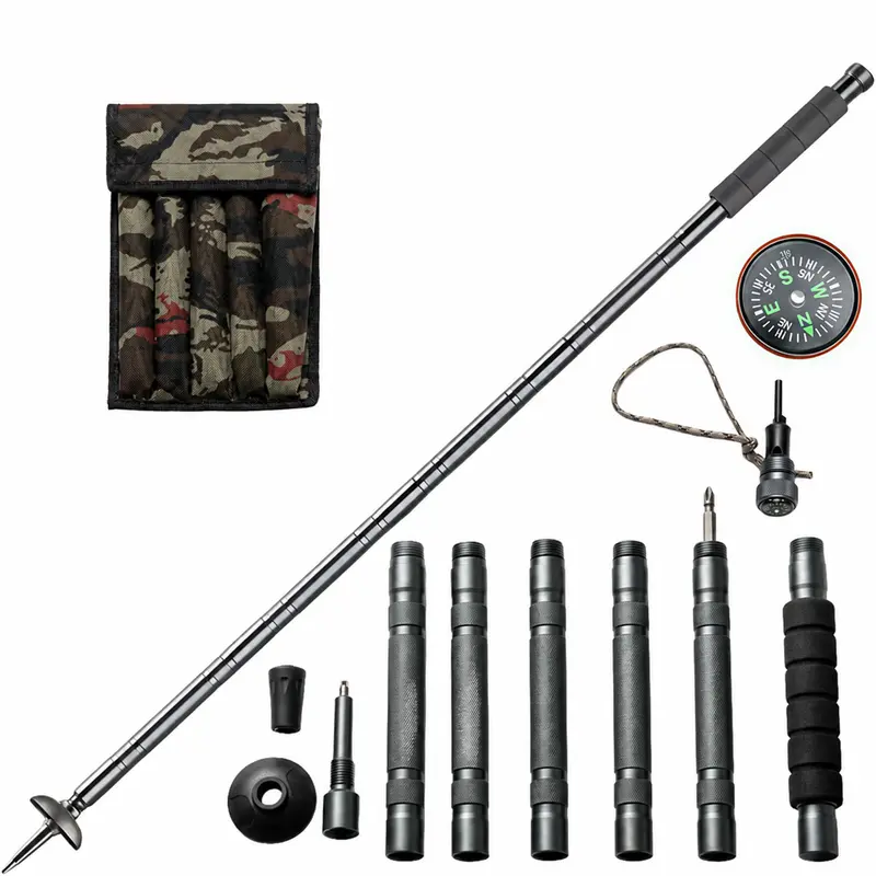 Tactical Aluminium Trekking Pole - 7-in-1 Multi-Function Adjustable Lightweight Portable Durable Survival Stick, Camping Supplies with Tinder, Compass for Hiking, Long-Lasting Sports Support Survival Gear