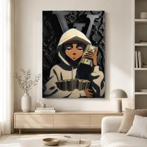 Money Inspired Anime Canvas Wall Art, Urban Hip-Hop Decor Print for Modern Men’s Room Poster