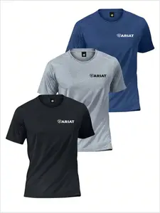 3 Piece Set Sport Short Sleeve T-Shirt, Casual Commute Wear, Gym Office Use, Minimalist Brand Letter Logo, Quick Dry Breathable Elastic Fabric