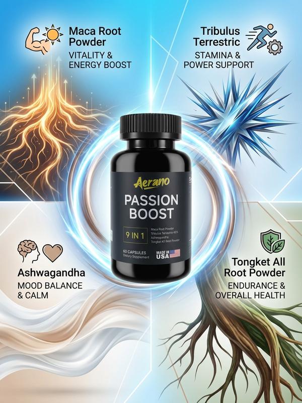 6 Bottles of Aerano Passion Boost 9 in 1 Capsules - Ginseng Ashwagandha Ginkgo & Tribulus Herbal Supplement for Energy Stamina & Brain Health Made in USA GMP Certified HACCP Compliant Lab Tested