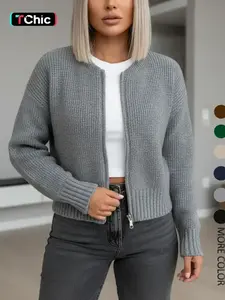 Women's Solid Drop Shoulder Zipper Sweater Cardigan, Casual Long Sleeve Round Neck Thick Knitwear for Fall & Winter, Fashion Women's Knit Clothing for Daily Wear