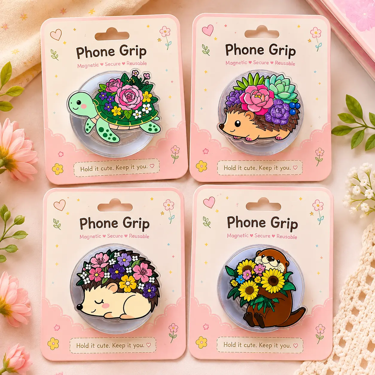 Cute Floral Animal Magnetic Phone Grip Stand, Turtle Hedgehog Otter Flower MagSafe Compatible Phone Holder, Kindle Grip, Nature Lover Gift