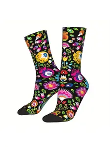 1pc Men'S Folklore Flowers Crew Socks, 95% Polyester 5% Elastane, Knit Fabric, All Over Print, Hand Wash/Dry Clean, Novelty Pattern Prints
