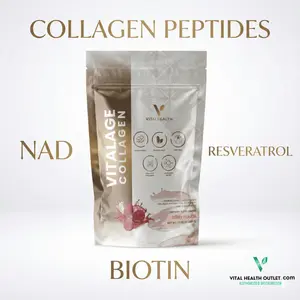 Vital Health Vitalage Collagen - Types I, II, III Peptides with Hyaluronic Acid, Resveratrol, NAD & Astaxanthin (Raspberry)