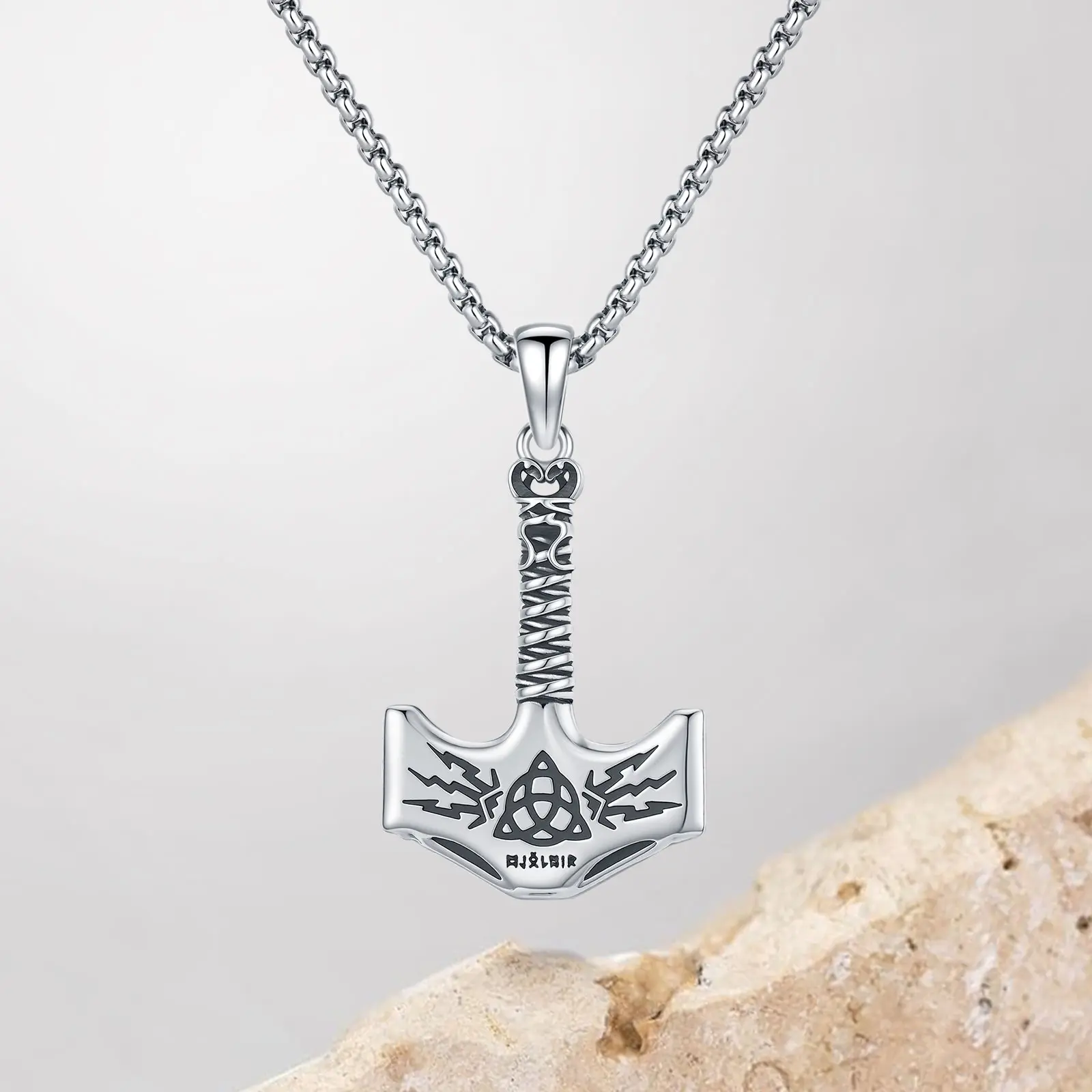 S925 Silver Thor's Hammer Necklace for Adults - Celtic Knot, Lightning Pattern Pendant, 37mm Height, Vintage Look Unisex Jewelry, Ideal Anniversary or Birthday Gift for Men