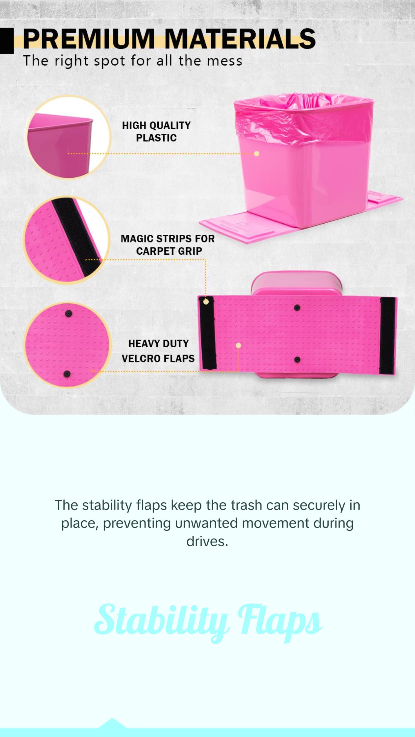 Haussimple Pink Car Trash Can with Stability Flaps Magic Strips & Free Trash Bag Roll Liners Compact Design for Car Organization