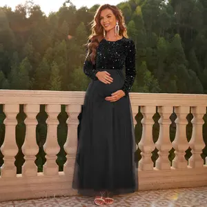 Joyfunear Elegant Maternity Sequin Velvet Long Sleeve Maxi Dress Tulle A-line Evening Formal Gown for Baby Shower Bridesmaid