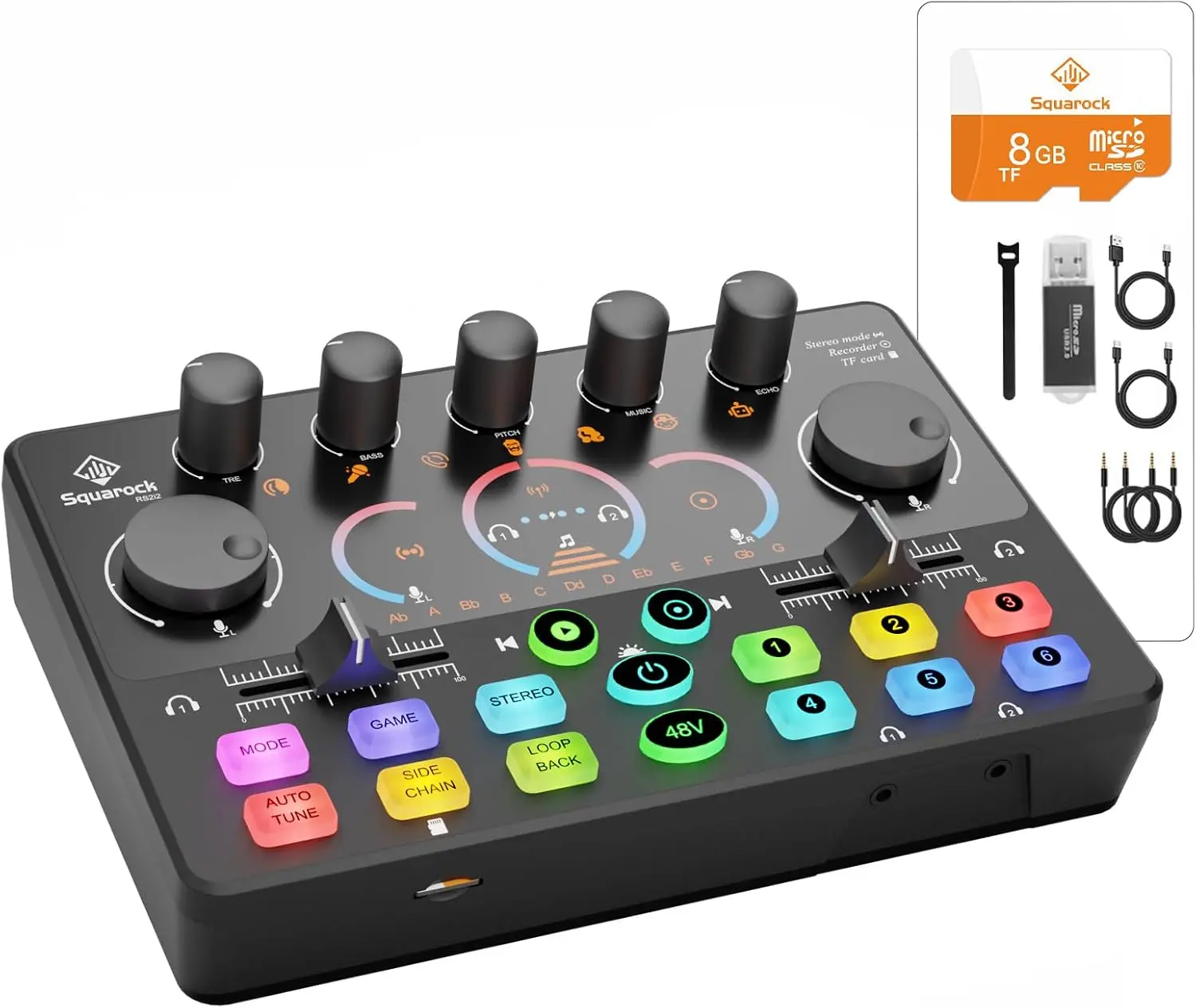 Squarock RS2i2 Audio Mixer USB Sound Board Live Sound Card with 8GB Memory Card Squarock RS2i2 Audio Mixer USB Sound Board Live Sound Card with 8GB Memory Card