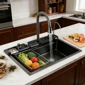 30" Gunmetal Black Kitchen Sink Waterfall Sink - 30 x 19 x 9 inch Multifunction Single Bowl 16 Gauge Stainless Steel Ledge Workstation Smart Top Mount Kitchen Sinks