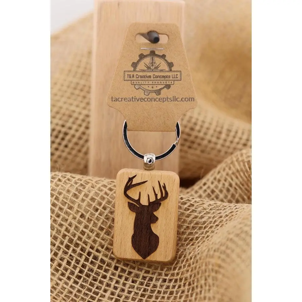 Buck Silhouette Keychain - Hardwood Laser Engraved Double Sided With Stainless Steel Ring