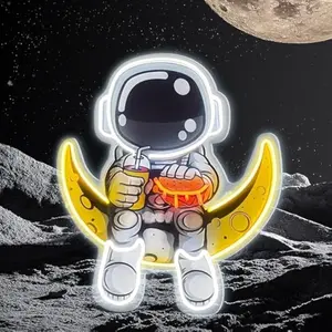 ROSNEK Astronaut on Moon Neon Sign, 16x14 in USB-Powered Dimmable LED Wall Light, Eye-Caring Night Light for Space Themed Kids’ Bedroom Decor