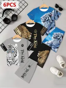 6-Piece Kids Animal Print Casual Set, Summer Clothing Set, Short Sleeve T-Shirt + Shorts, Boys' Summer Fashion, Trendy Graphic Home Wear