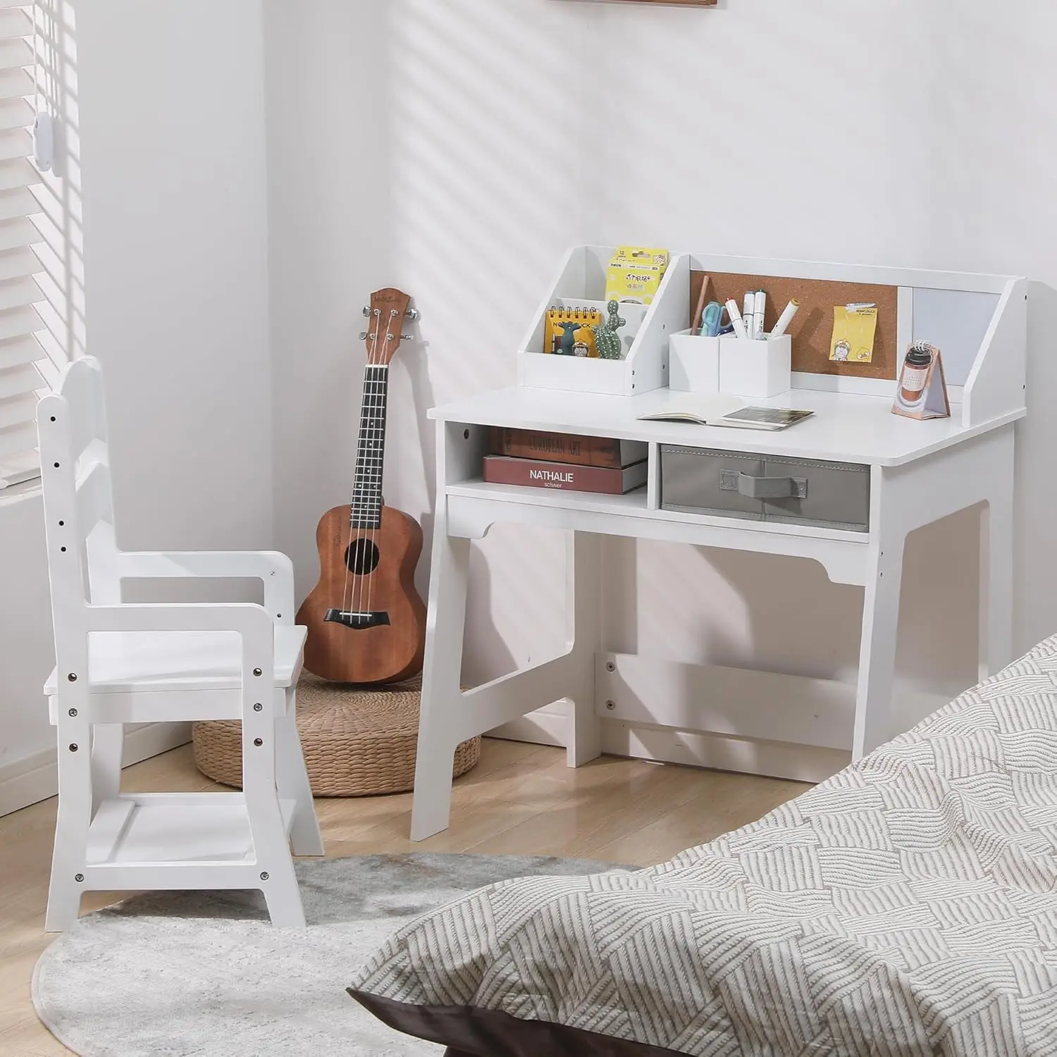 GAOMON Desk and Chair Set, Wooden Study Table with Storage Bins, Bookshelf, Bulletin Board, and Pen Holder, Writing Table for Boys and Girls, White