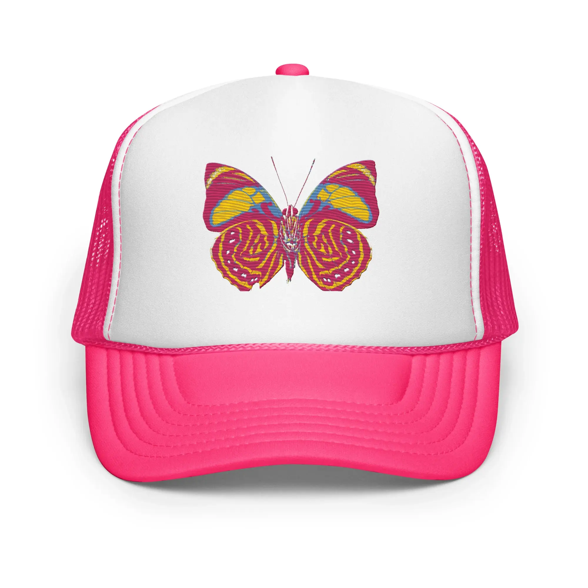 Pink Butterfly Trucker Hat - Thick Foam & Mesh 5-Panel Cap, Universal Unisex Fit with Adjustable Snap for Daily Wear, Casual Wear Clothing, Polyester Foam, High Profile, Baseball Cap, Extra Thick, Fashion, 8 Rows Of Stitching