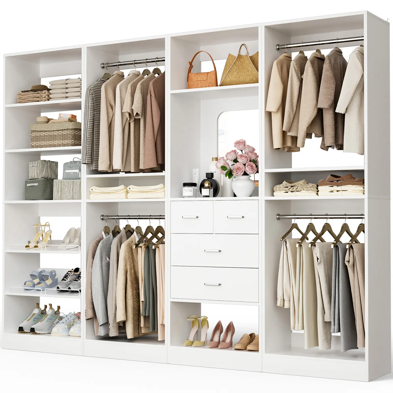 Unikito 100" Large Wardrobe Storage Unit, Wooden Closet Organizer System with Mirror, 4 Drawers & Shoe Cabinet, Multi-Functional Garment Rack for Walk-in Closets
