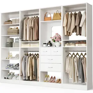 Unikito 100" Large Closet Organizer System, Wooden Wardrobe With Mirror, 4 Drawers & Shoe Cabinet, Multi-Functional Clothes Storage Garment Rack For Walk-in Closet