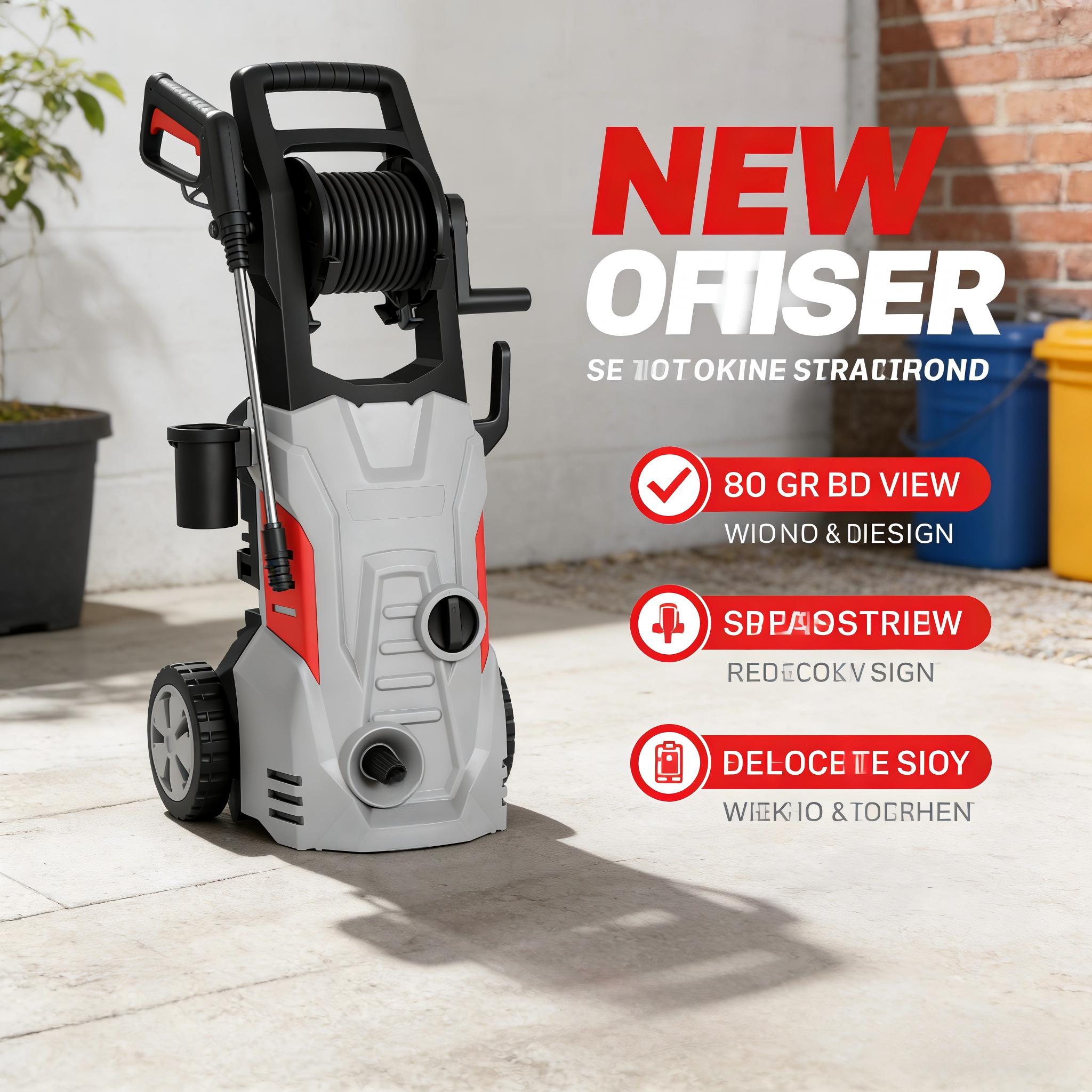 Electric high-pressure washer with adjustable spray nozzles and a hose reel, suitable for cleaning cars, yards, and fences; portable model compliant with U.S. standards.