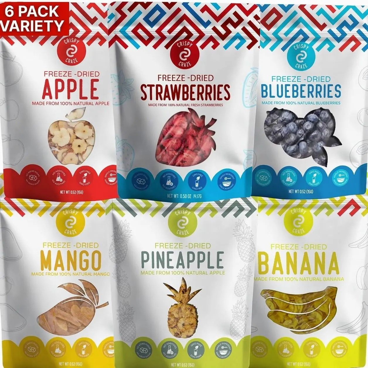 Crispy Craze Freeze Dried Fruit Variety Pack (6 Snack Sized Bags, 0.52 oz Each) Fruit Crisps, Non GMO, Healthy Snack, No Added Sugar & Additives, 100% Natural, Allergen Free, School Safe