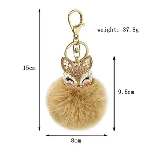 Cute Fox Head Keychain, Fluffy Fur Ball Pompom with Rhinestone and Pearl Inlay - Pendant Key Ring for Women, Bag Charm, Car Accessories Gift